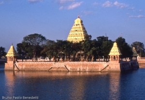 gopurams of indian temples with the golden light of the sunset