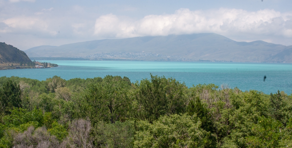 lake sevan view from sevanavank monastery in armenia,water with green shades